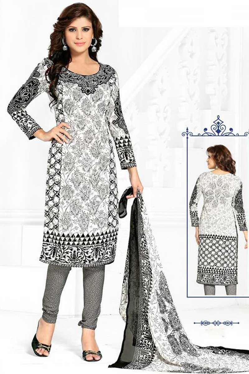 Discount Off White And Black Cotton Churidar Suit With Dupatta