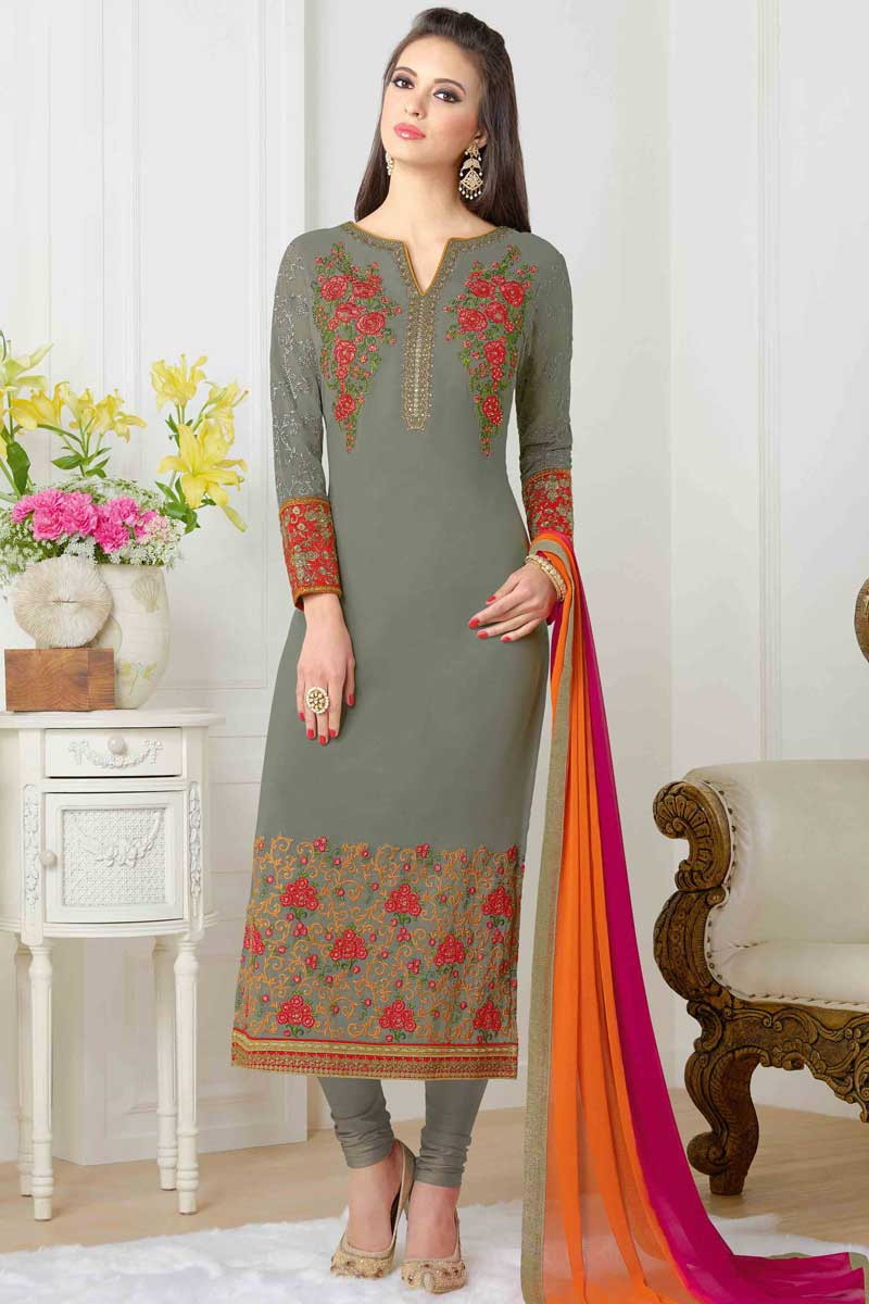 Misssone Online Grey Georgette Churidar Suit With Dupatta Dmv14596