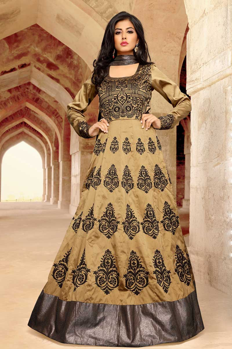 Wedding Collection Beige Art Silk Gown Suit With Dupatta Dmv14612