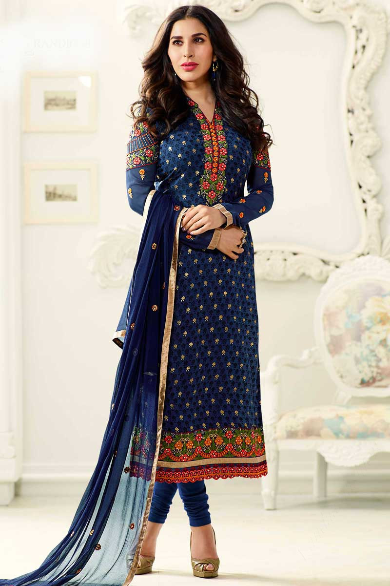 Bollywood Sophie Choudry Blue Brasso Churidar Dress Dmv14834