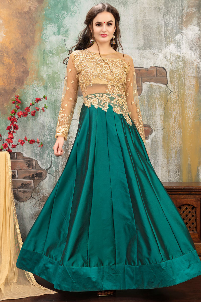 Beige And Green Taffeta Silk Anarkali Suit With Dupatta Attire