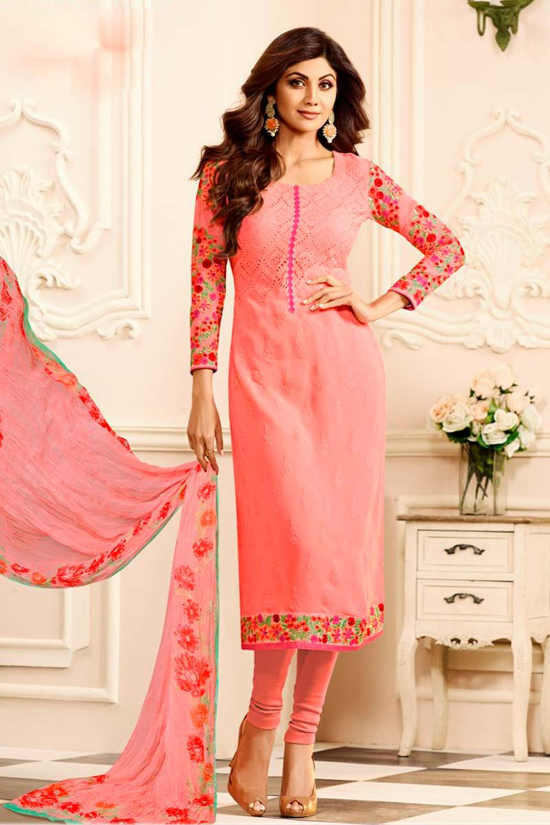 Utsav Bollywood Shilpa Shetty Pink Georgette Churidar Suit With Dupatta Dmv14950