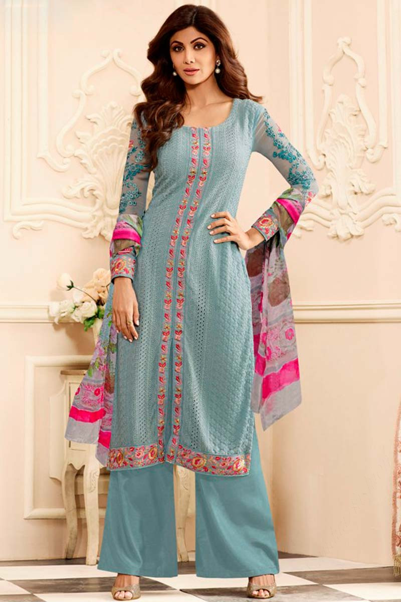 Shopping Bollywood Shilpa Shetty Beige Georgette Churidar Suit With Dupatta  - Dmv14947