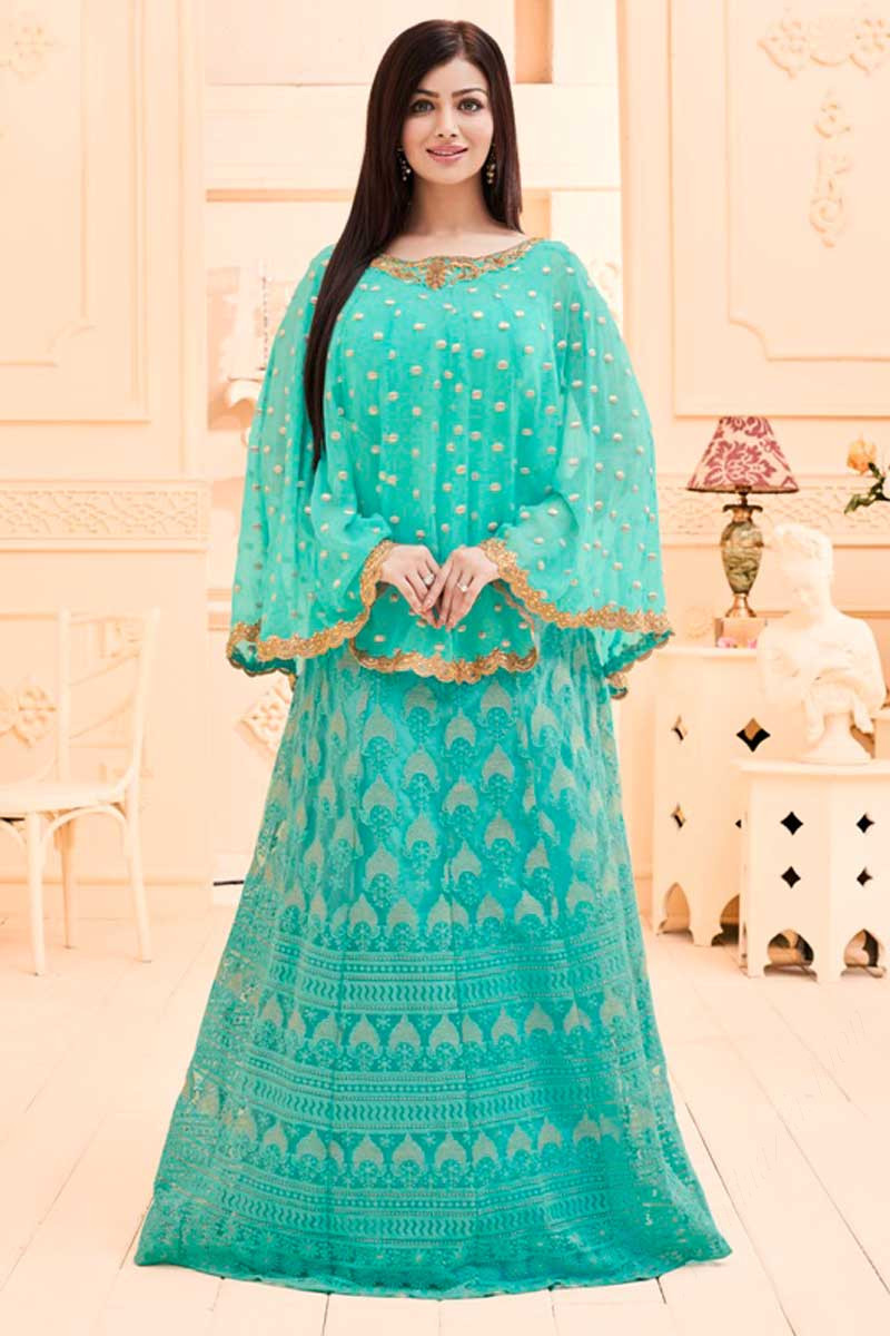 Indian Bollywood Ayesha Takia Green Georgette And Net Gown Attires Dmv14981