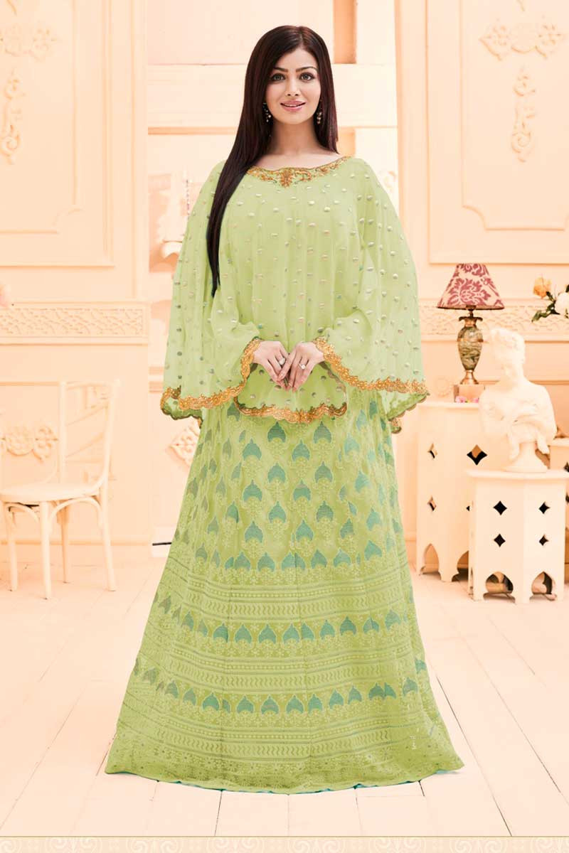 Bollywood Ayesha Takia Light Green Georgette And Net Gown