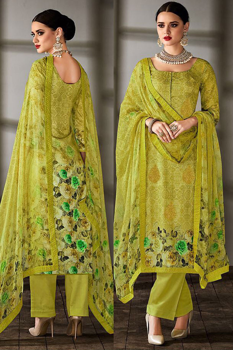 Parrot Green Tussar Silk Trouser Suit With Printed Dupatta