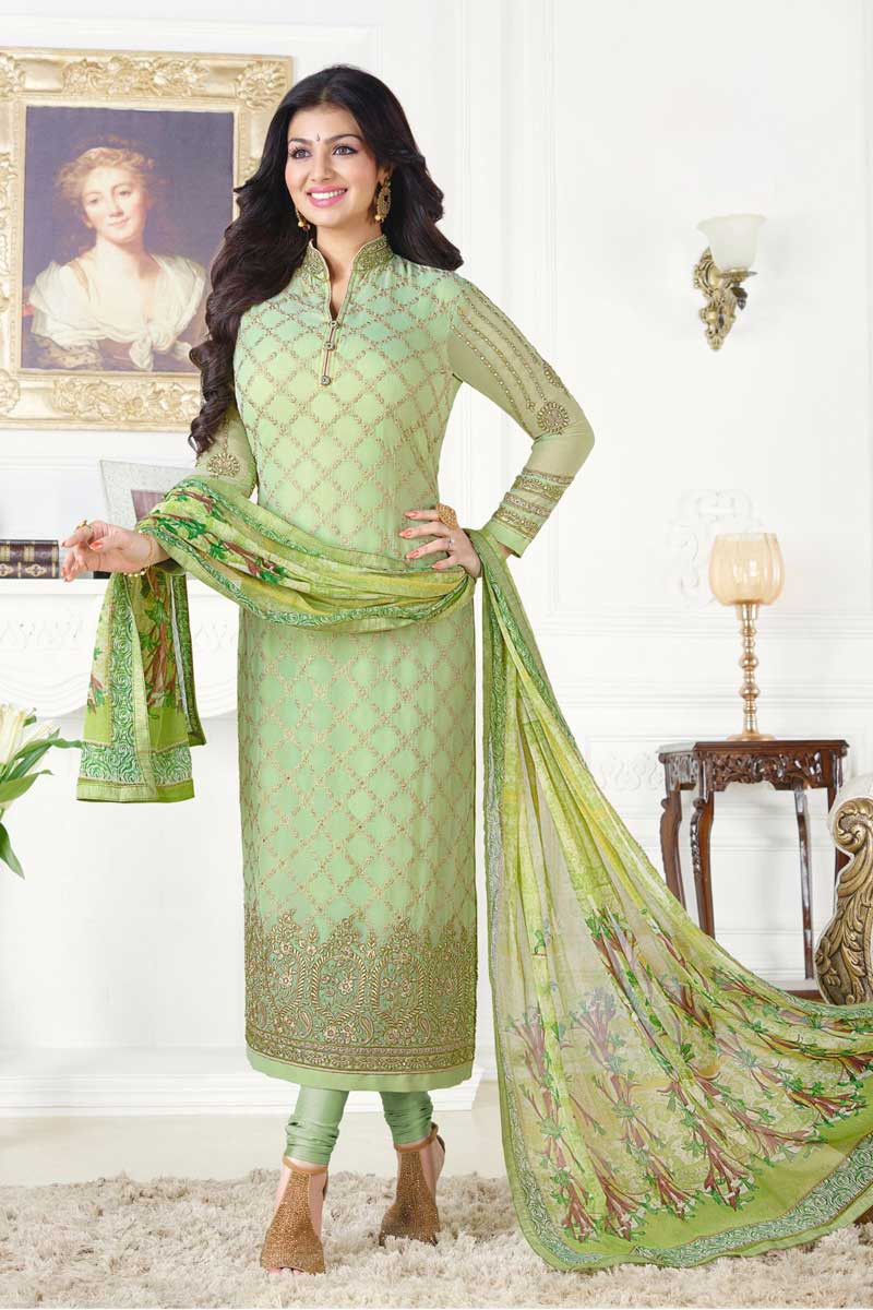 Discount Georgette Churidar Suit With Printed Dupatta In Mint Green Dmv15143
