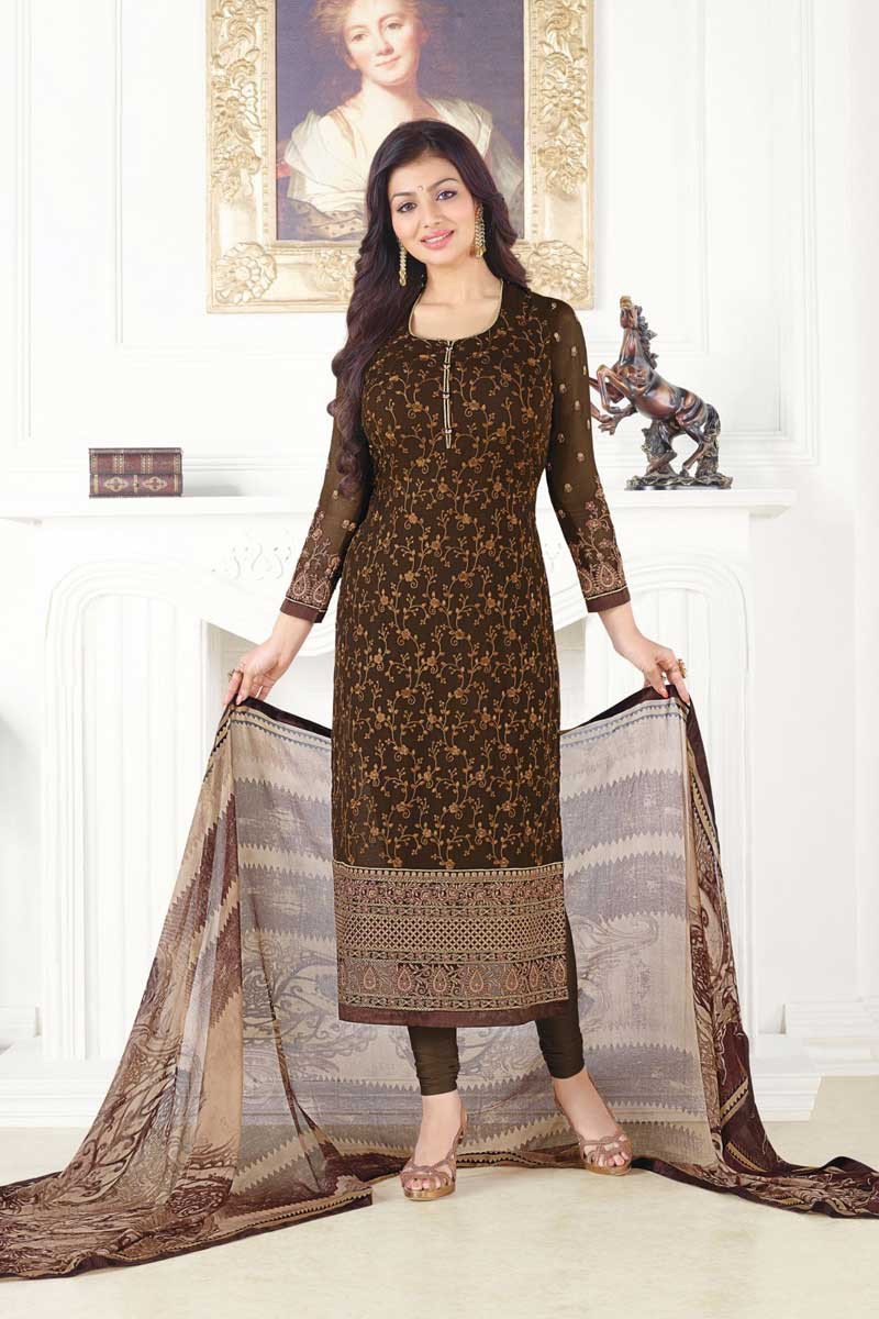 Georgette Churidar Suit With Printed Dupatta In Coffee Color