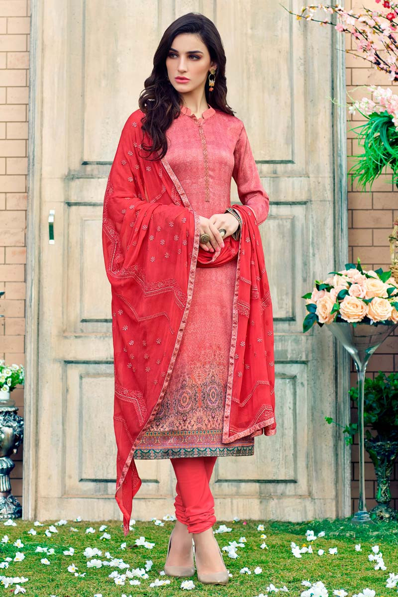 Designer Pink Satin And Silk Churidar Suit With Dupatta Dmv15279
