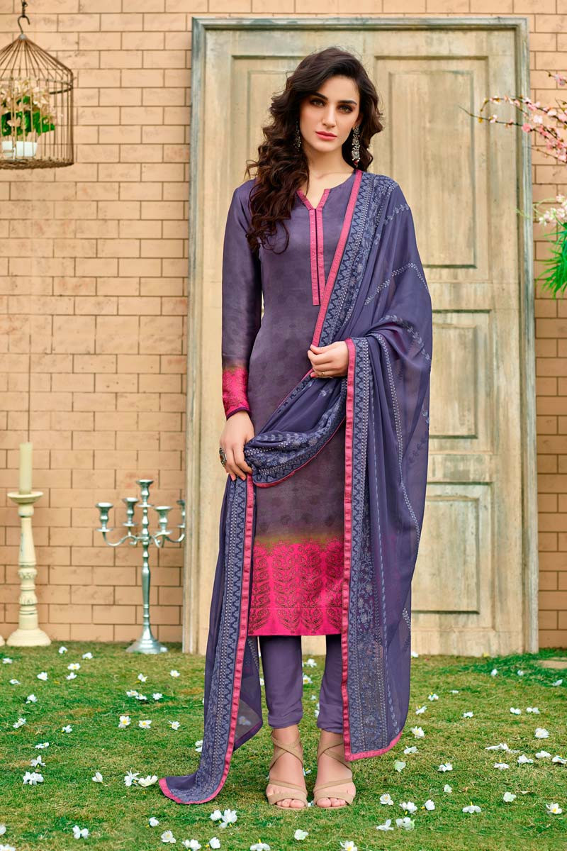 Sale Blue Satin And Silk Churidar Suit With Dupatta Dmv15281
