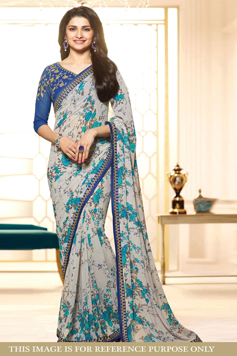 Platinum grey Georgette Floral Saree With Banglori silk Blouse