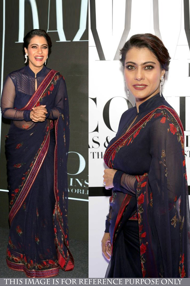 Designer indian saree, Kajol Navy Blue georgette embroidered sarees,  chinese collar