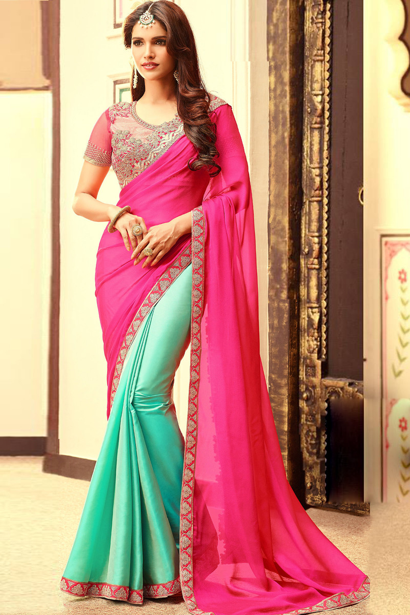 Rani Pink And Green Wedding Saree