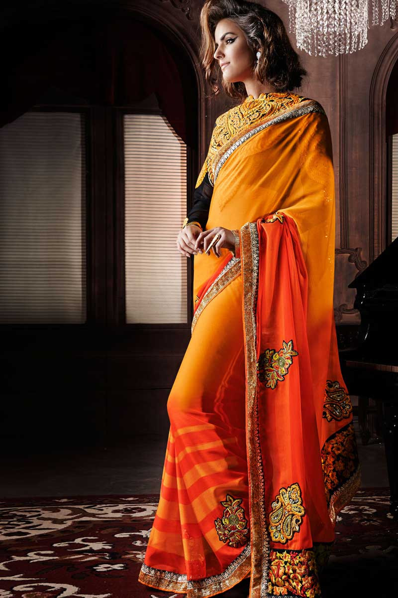 Designer Party Wear Satin Silk Multicolor Saree And Orange Color Cotton  Silk Blouse Material., साटन साड़ी - Livysh, Hyderabad | ID: 2851232410097