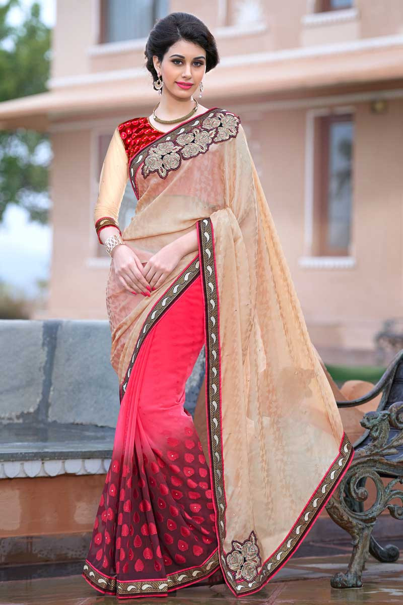 Pink & Cream Georgette & Silk Saree | Fancy sarees, Saree designs, Party  wear sarees