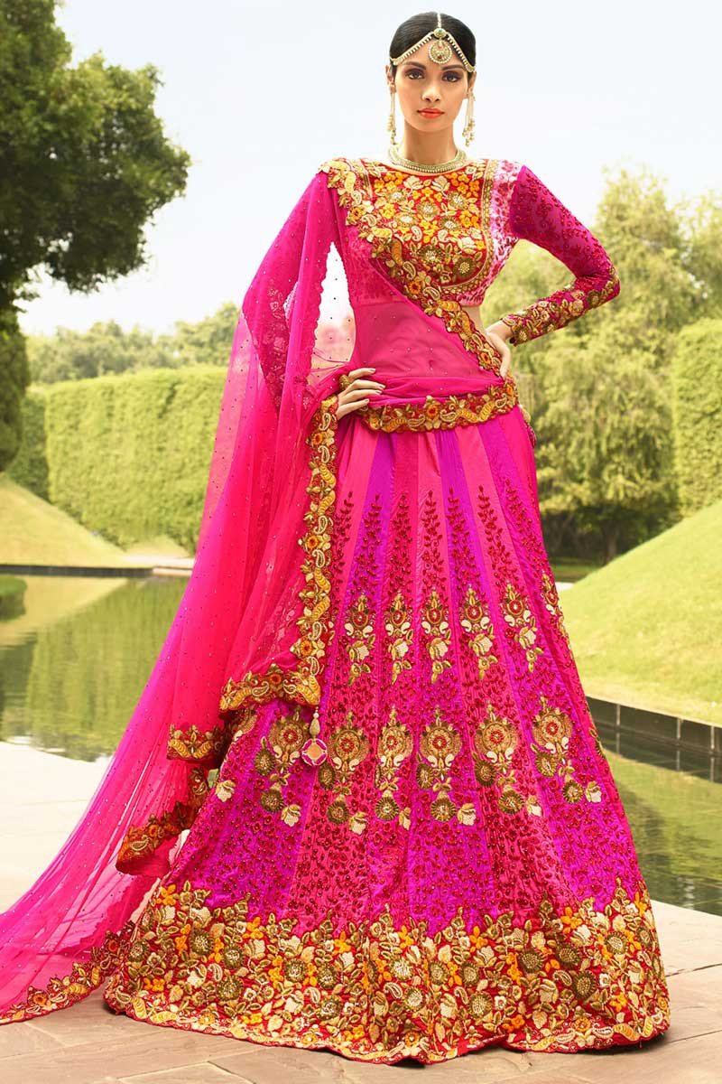 Buy Flamboyant Yellow-Pink Colored Bridal wear Embroidered Lehenga Choli  from Designer Lehenga choli – Designer Lehenga Choli