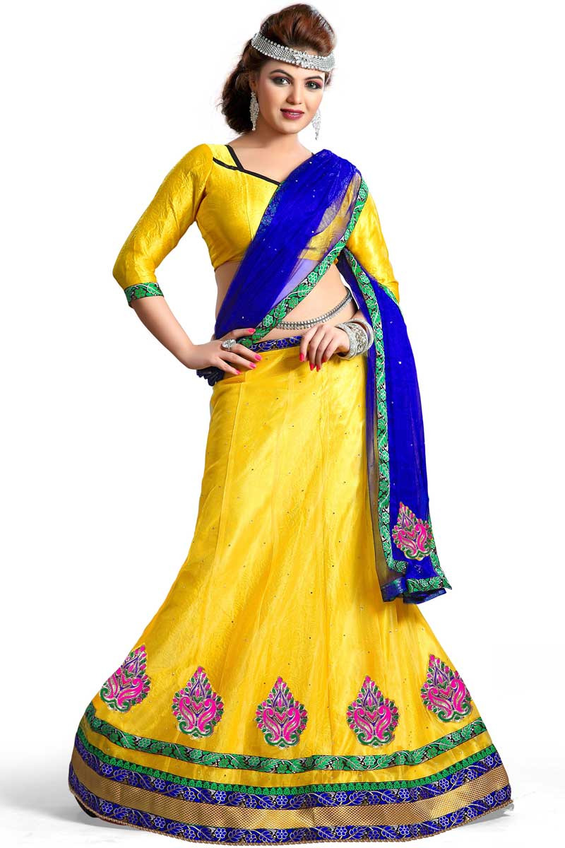 Red and Yellow Silk Lehenga Style Saree Online | Bagtesh Fashion