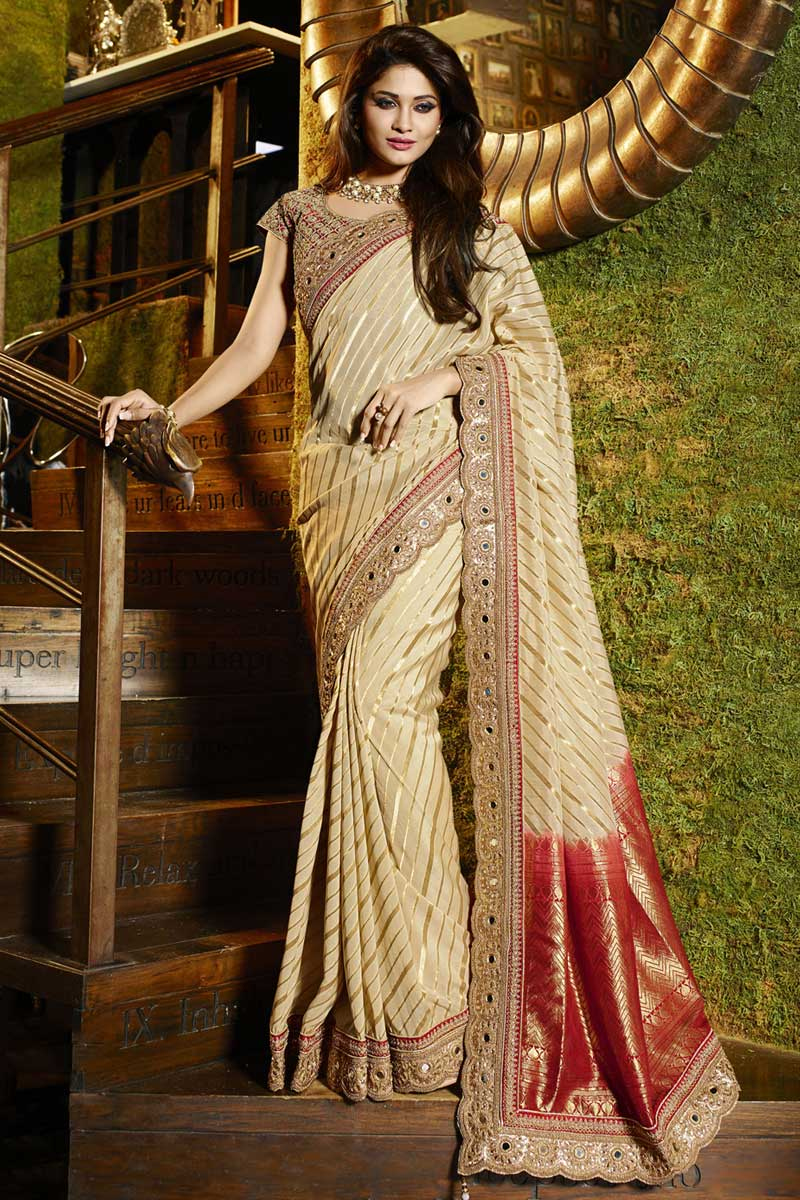 Cream Viscose Saree With Art silk Blouse