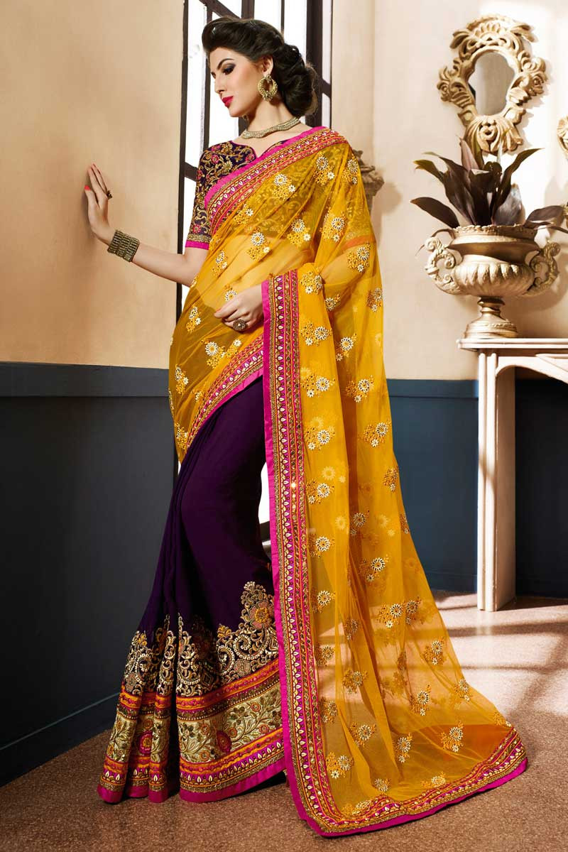 Noble Purple and Yellow Mehndi Classic Designer Saree -