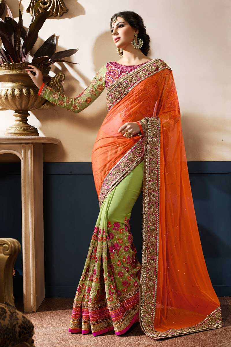 Orange with green Georgette and net Saree With Art silk Blouse