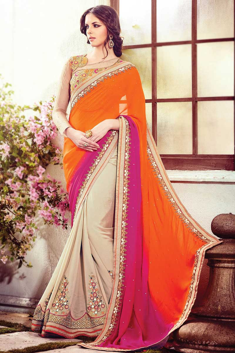 Multi Color Georgette Saree with Cream Blouse, Women Indian Sarees Sale  Online