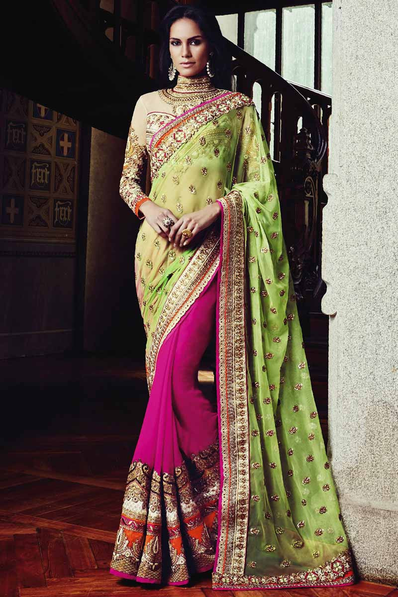 Pink-Green Tabby Silk Hand Dyed Leheriya Saree – Geroo Jaipur