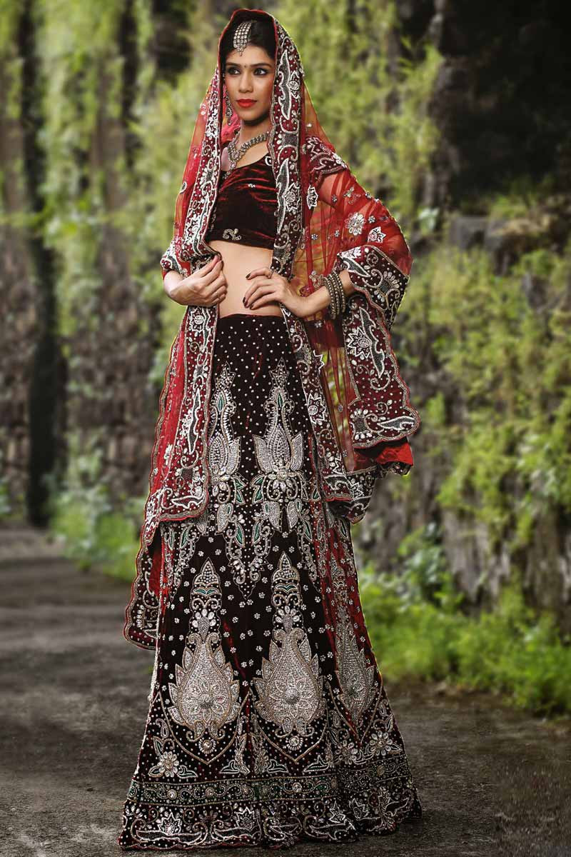 Buy Maroon Velvet Wedding Wear Thread Work Lehenga Choli 133257 Online