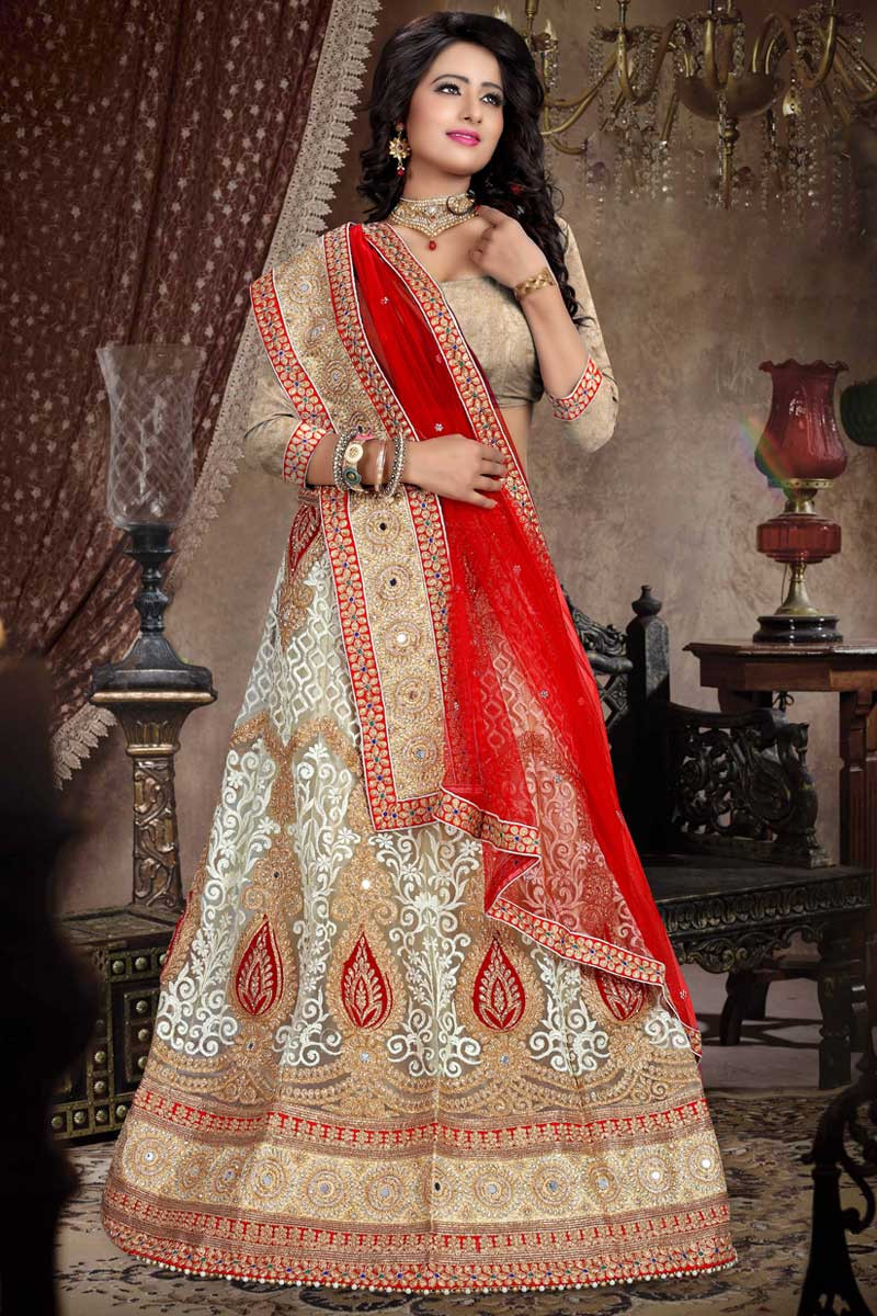 Cream Net Lehenga with Brocade Choli