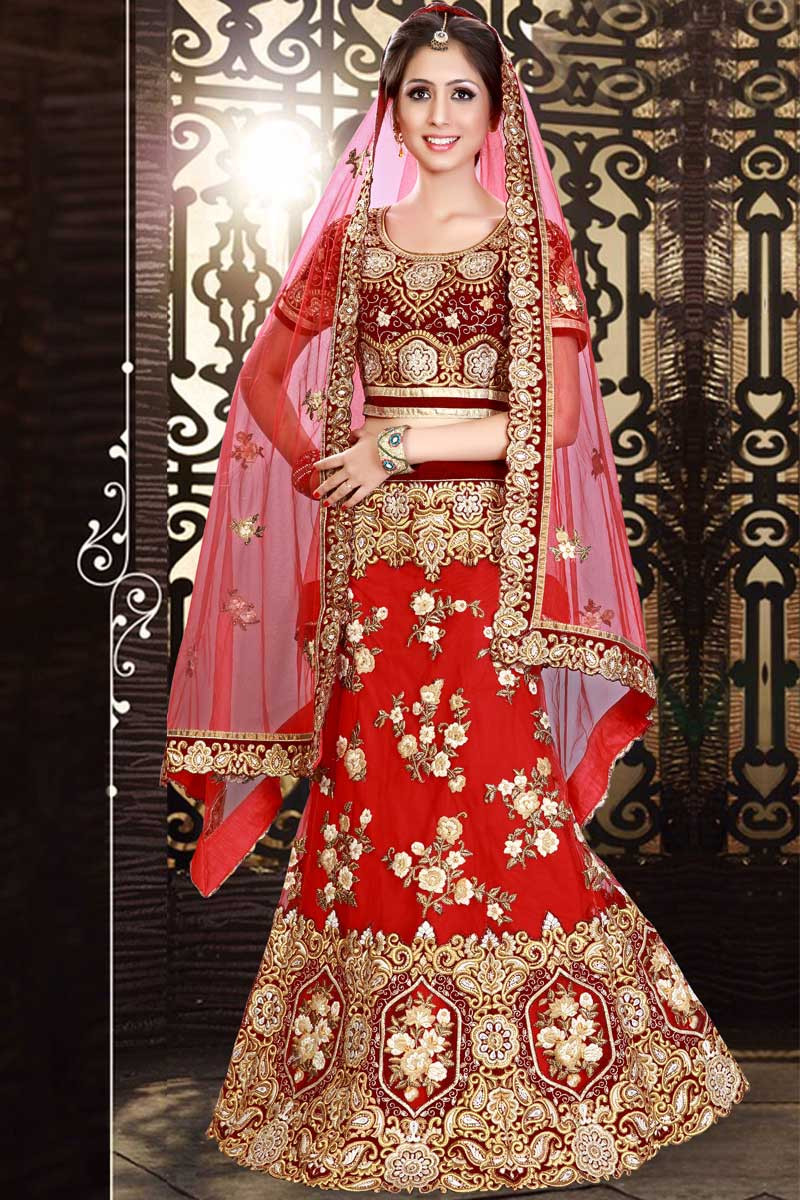 Red Net Lehenga with Velvet Choli