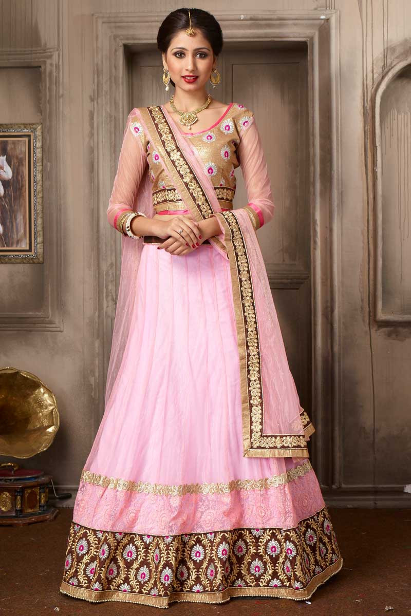 Buy Pink Shimmer Lycra Embroidered Hand Pearl And Bead Embellished Lehenga  For Women by Jiya by Veer Design Studio Online at Aza Fashions.