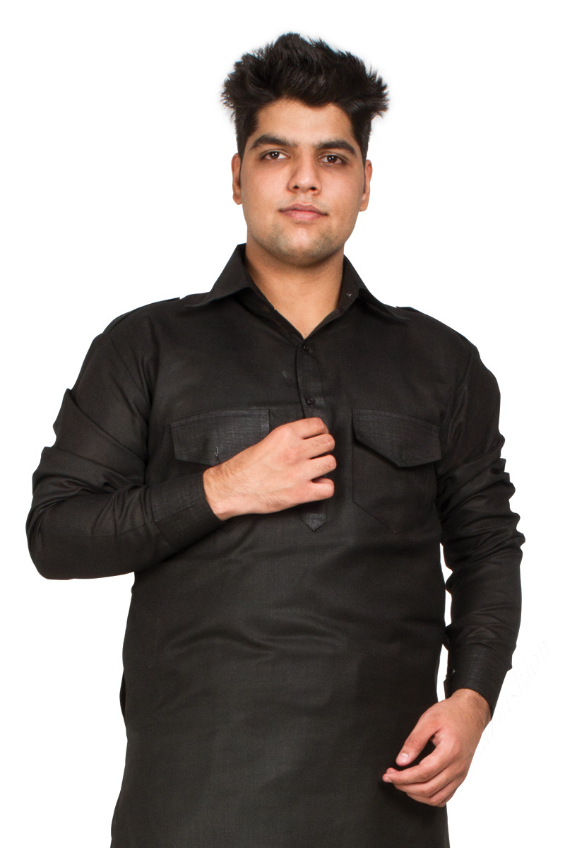 Black Dupion Pathani Suit Online - Andaaz Fashion