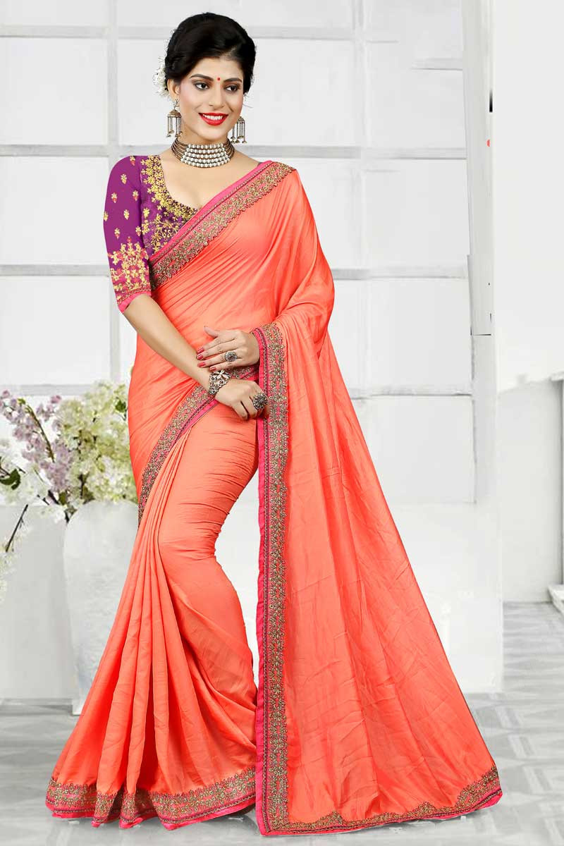 Buy online Women's Self Design Peach Colored Saree With Blouse from ethnic  wear for Women by Charukriti for ₹3239 at 35% off | 2024 Limeroad.com