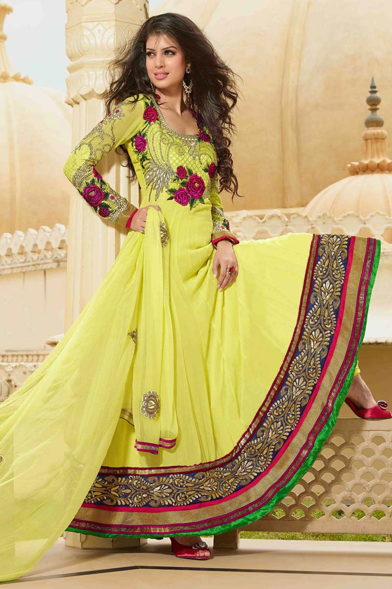 Lemon yellow colour pure georgette anarkali suit