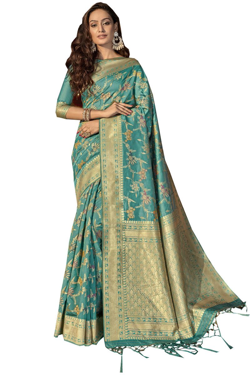 Designer Blue Silk Saree With Broad Border