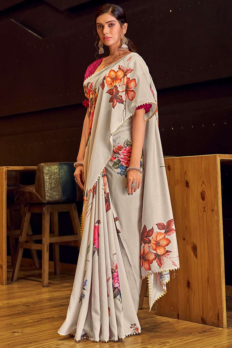 Off white saree with floral border by BAISE GABA | The Secret Label