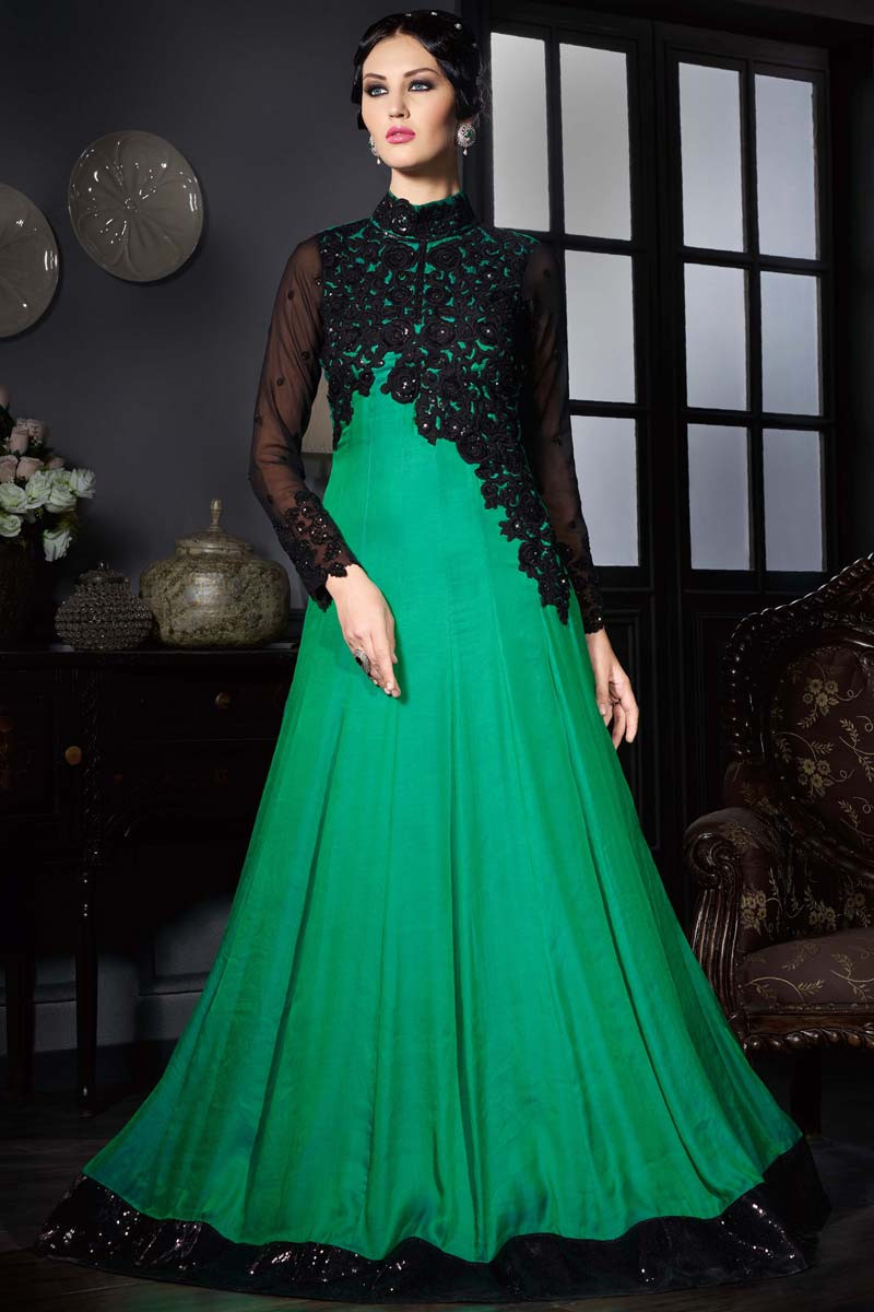 Green Satin Silk Georgette Gown with Chiffon Dupatta