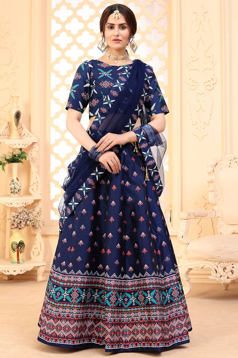 Printed Art Silk Navy Blue Lehenga