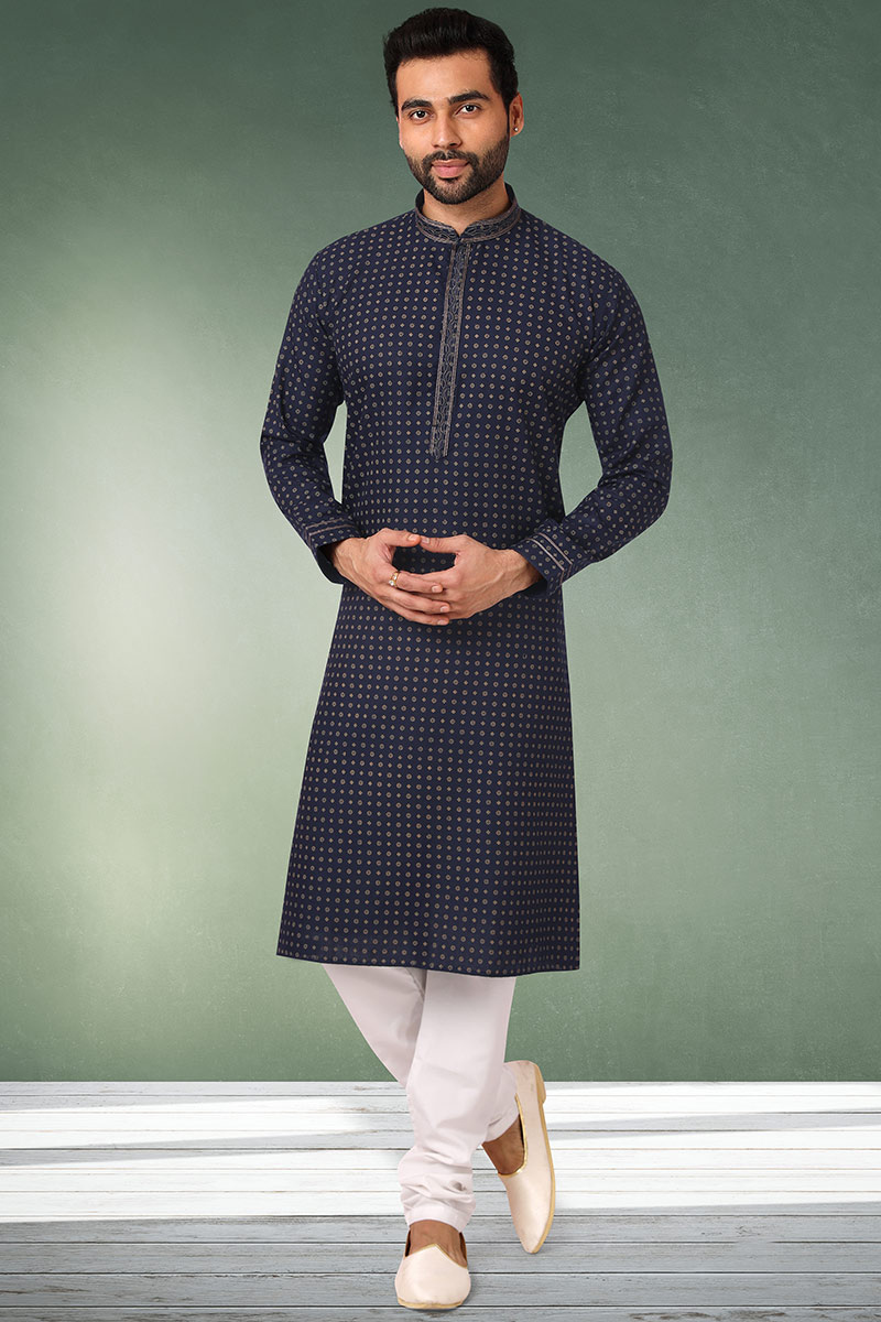 Digital Print Cotton Dark Blue Men Kurta Churidar