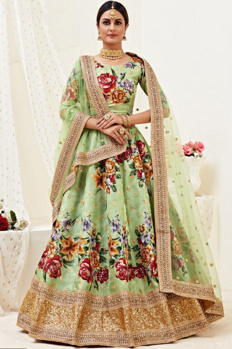 Digital Print Embroidered Satin Light Green Lehenga
