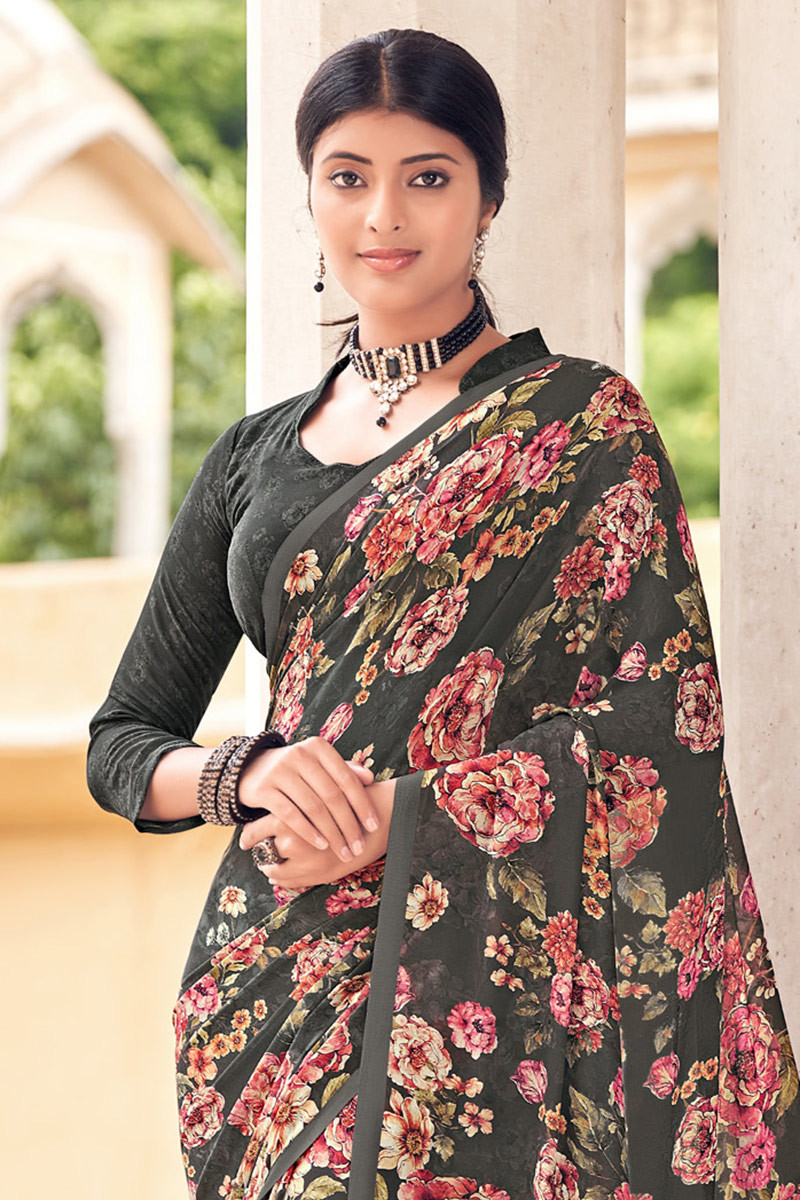 Buy Charcoal Grey Georgette Saree in UK - Style ID: SR-3011 - Diya