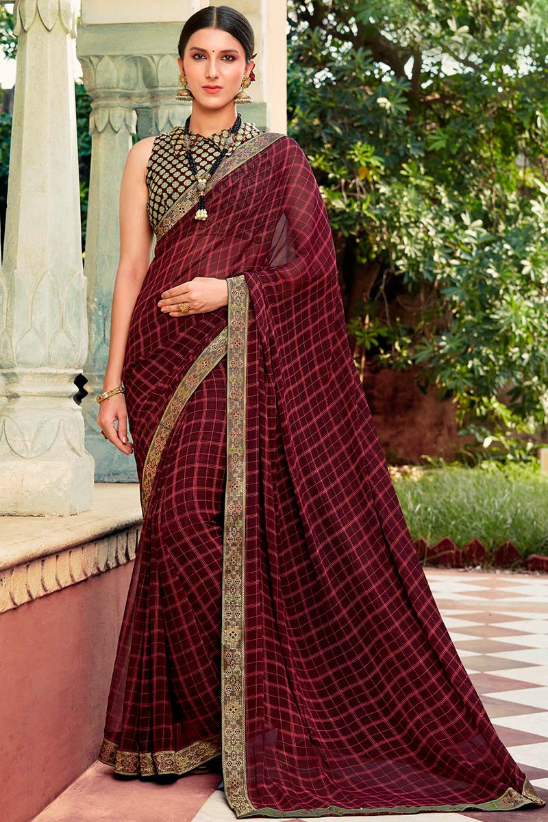 Buy online Women's Solid Maroon Colored Saree With Blouse from ethnic wear  for Women by Shaily for ₹1299 at 72% off | 2024 Limeroad.com