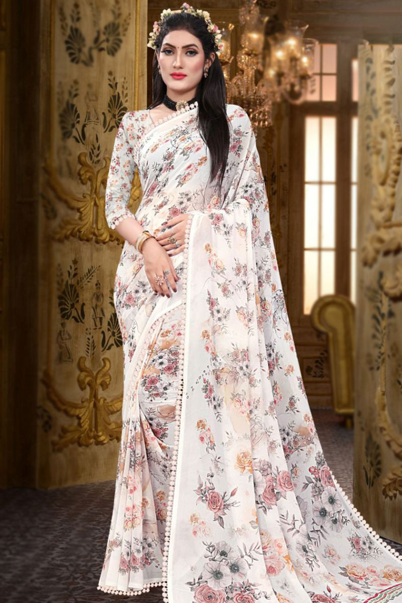 Buy Siril Women Chiffon White & Black Lace & Printed Saree | sarees for  Women| saree | sarees Online at Best Prices in India - JioMart.