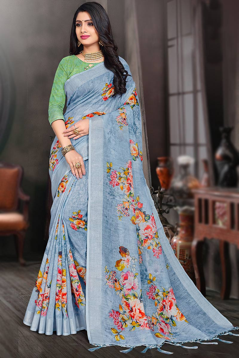 Floral digital print pure linen saree – www.vannamayil.com