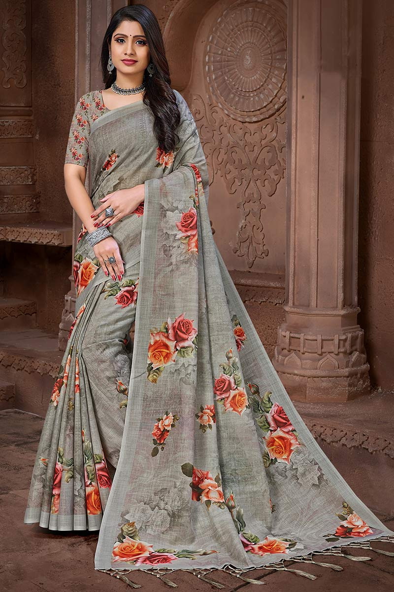 Casual Wear Digital Printed Linen Saree, With blouse piece, 5.3 m at Rs 650  in Surat