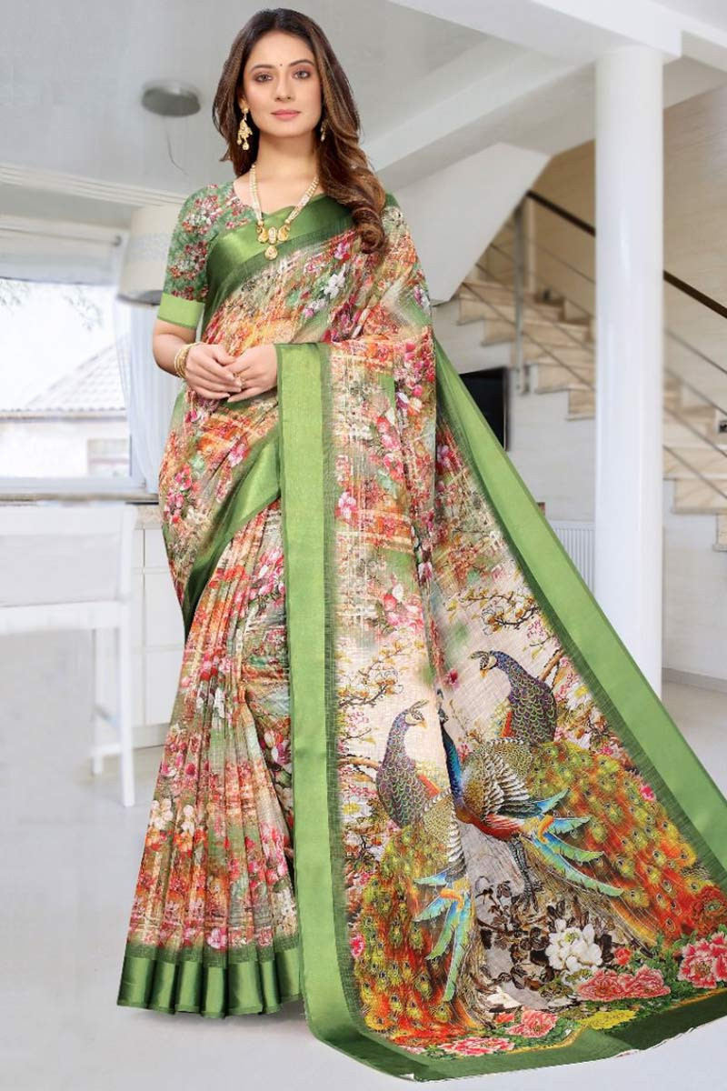 MULTI and LIGHT YELLOW DIGITAL PRINT LINEN Saree with FANCY – Cherrypick