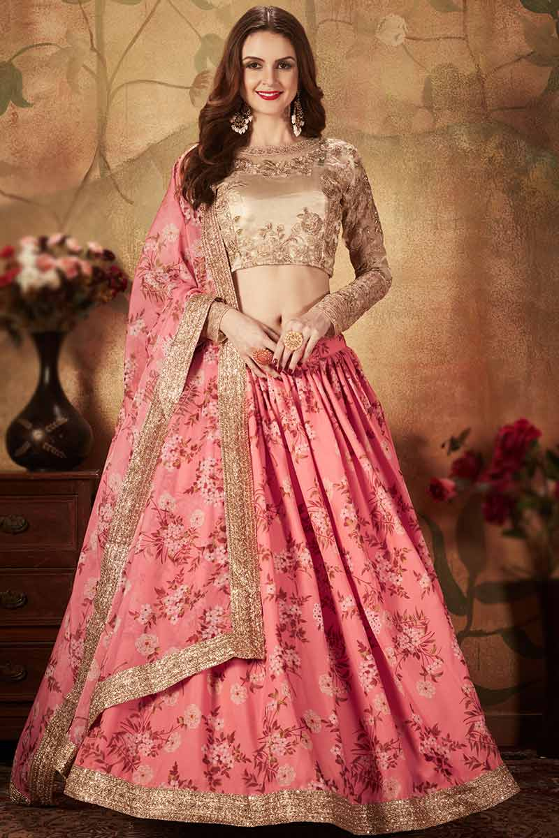 Digital Print Organza Pink Wedding Lehenga