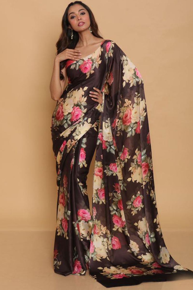 Digital Print Satin Dark Brown Fancy Party Saree