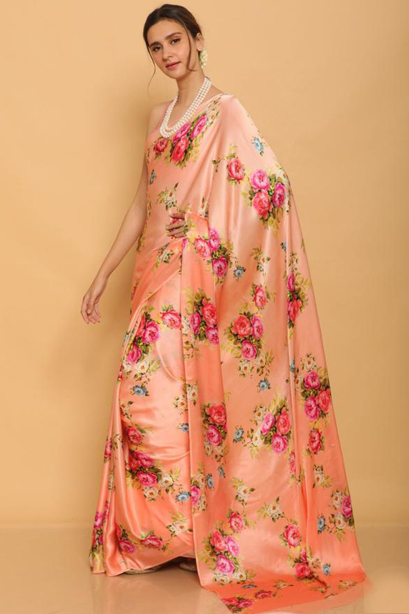 Digital Print Satin Peach Designer Indian Saree