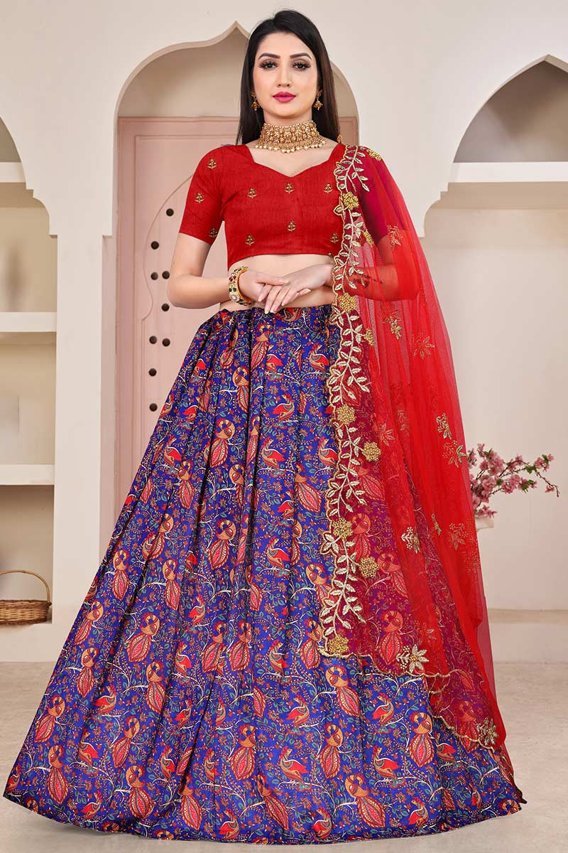 Royal Blue-Red Embroidered Lehenga Set – Estie Couture