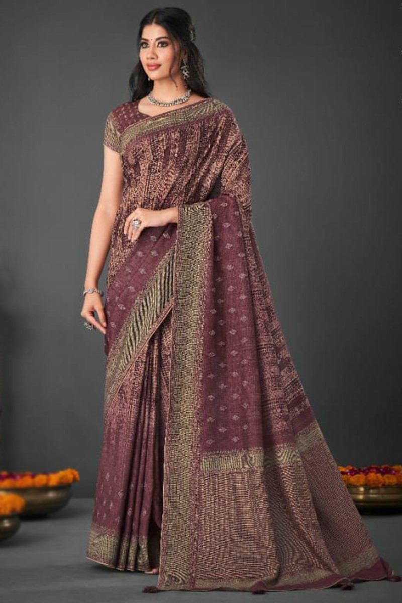 Best Resham Cotton Mauve Classic Designer Saree : 56453 -